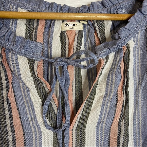 Dylan Boho Flowy Cotton Jean Striped Short Sleeve V Neck Ties Top Small S - Picture 3 of 12